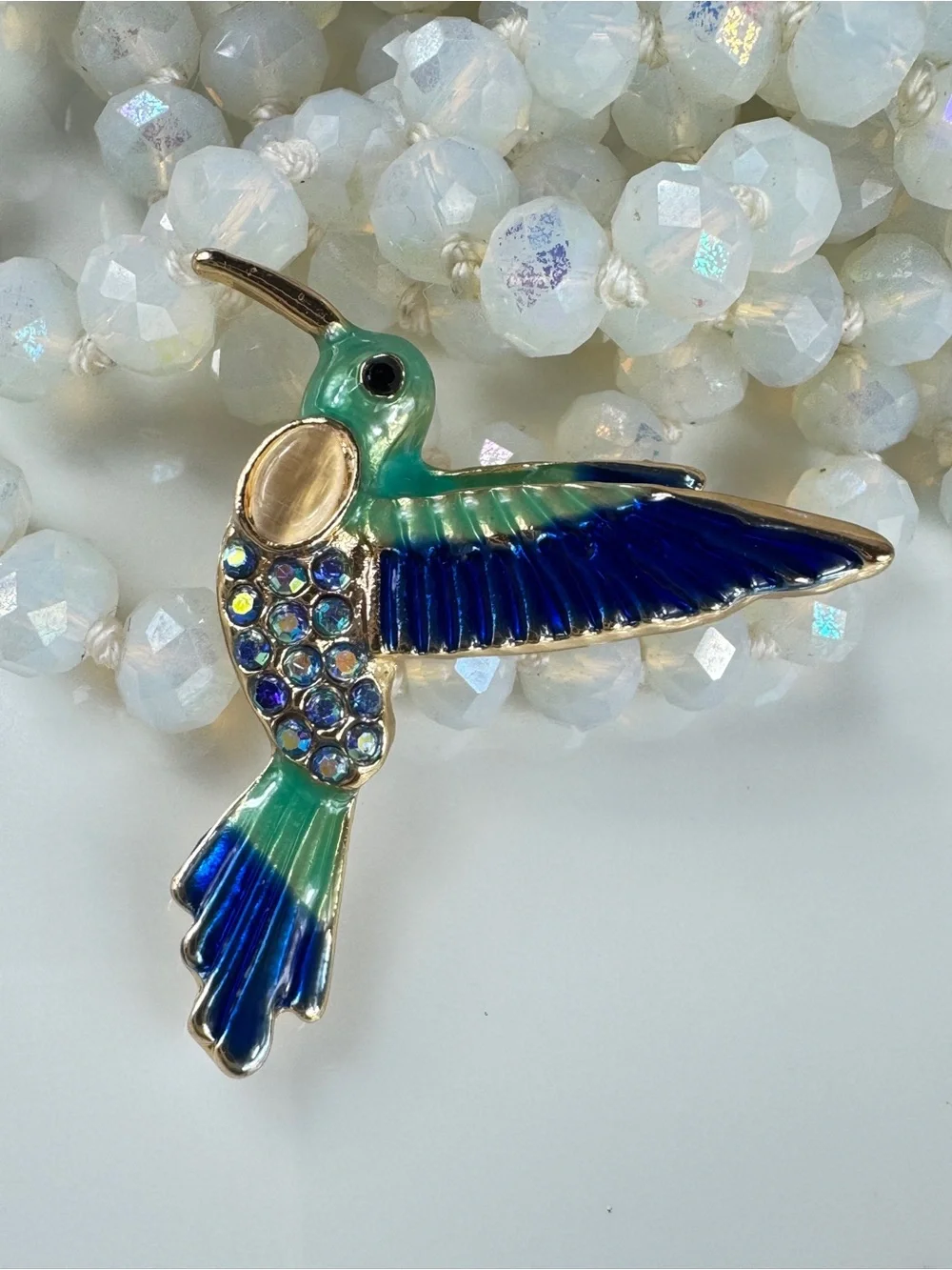 Enamel Hummingbird Brooch Pin in Teal and Blue